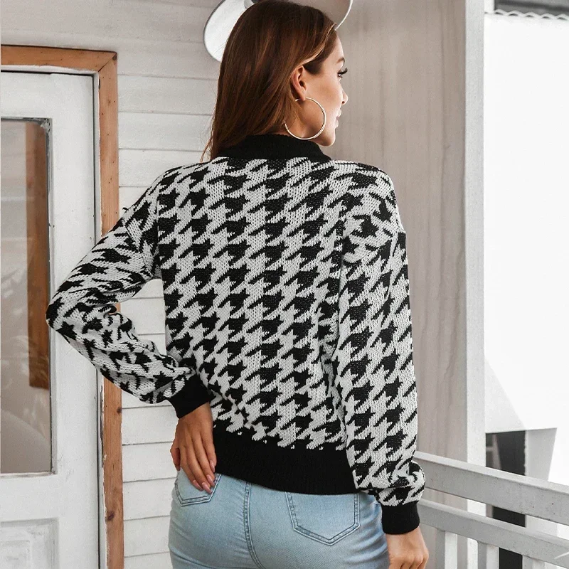 TPJB Autumn Houndstooth Sweater Womens Pullover New Full Sleeve Knitted Sweater Winter Fashion Casual Knit Pullover Jumpers Tops