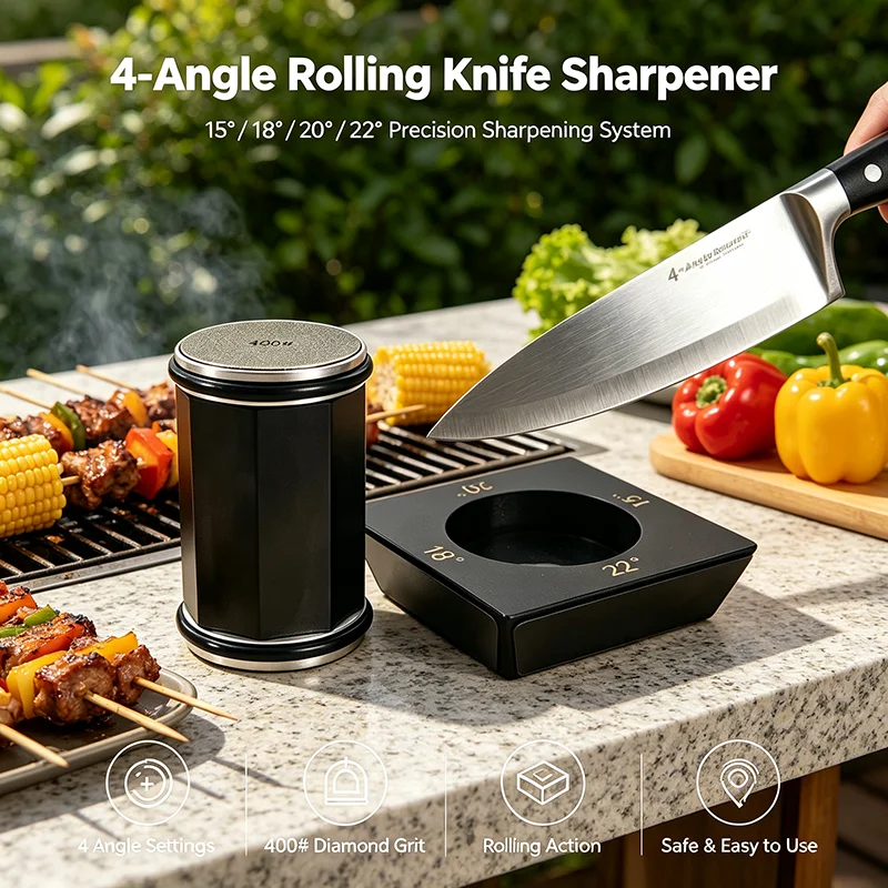 New Professional Octagonal Roller Knife Sharpener 4-Angle 15/18/20/22° Diamond Grinder Wooden Base With Magnet Kitchen Whetstone