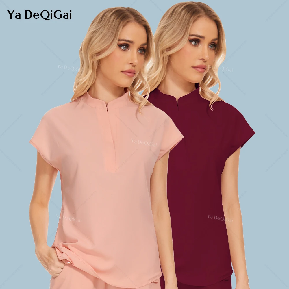 Pink Working Clothes Medical Scrubs Women T-shirts Nurse Tops Summer Solid Color Beauty Salon Work Uniforms Blouse