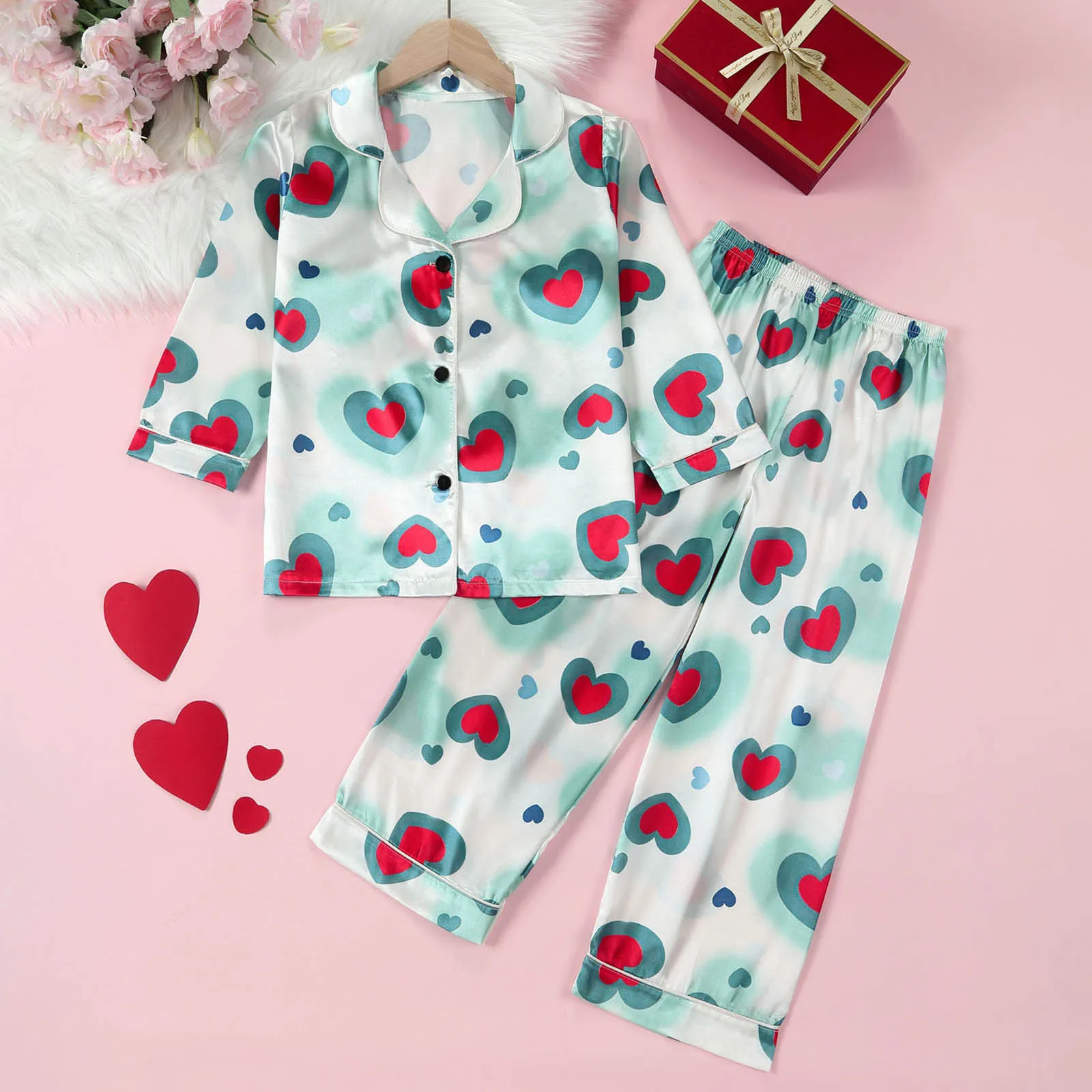 1-6Years Kids Baby Girl Cute Pajamas Valentine’s Day Sleepwear Heart Print Long Sleeve Tops and Pants 2Pieces Loungewear Outfits