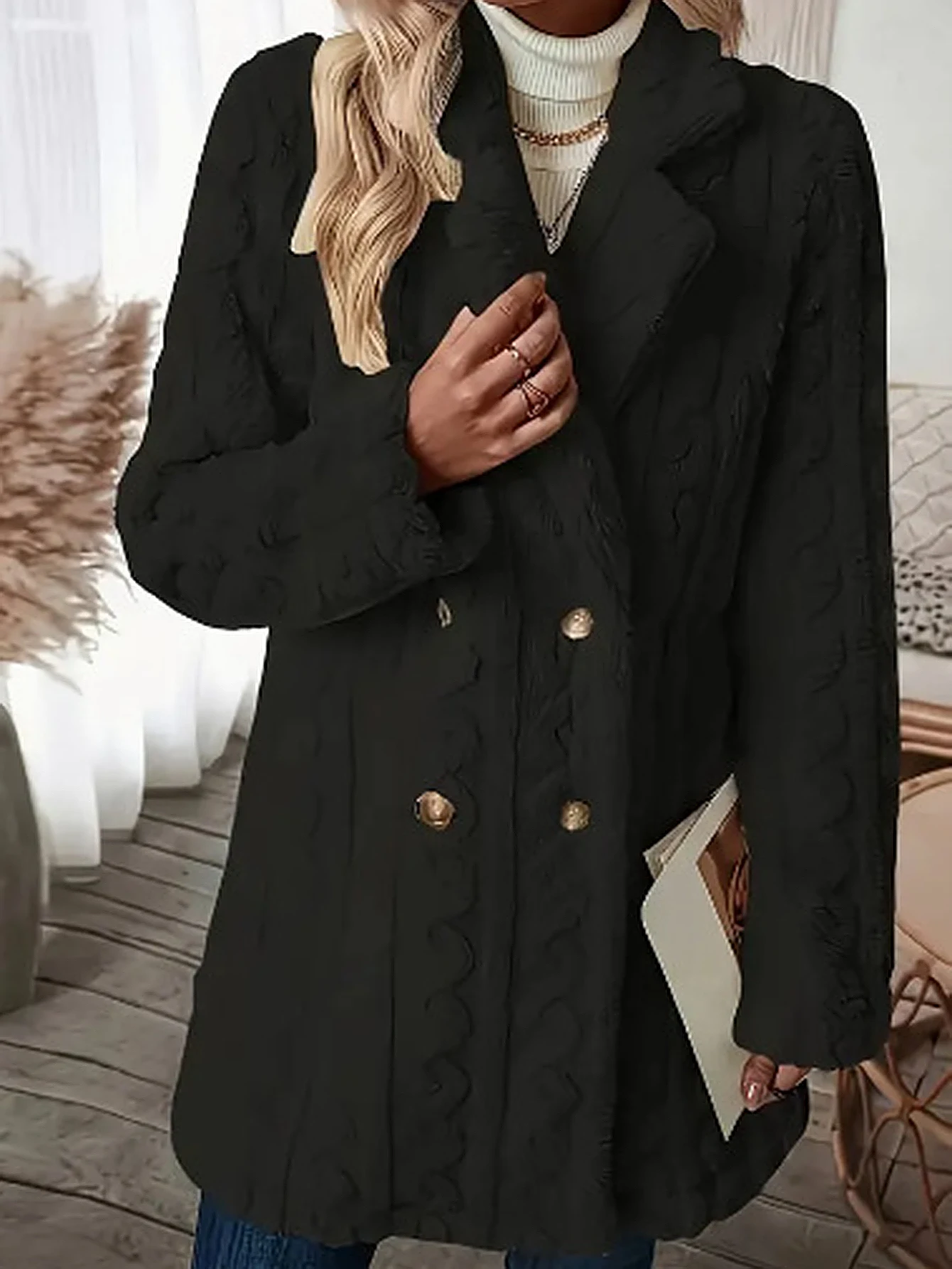 

Women's Winter Fashion Coat Comfortable Plain Texture Lapel Long Sleeve Street Daily Button Detail Style