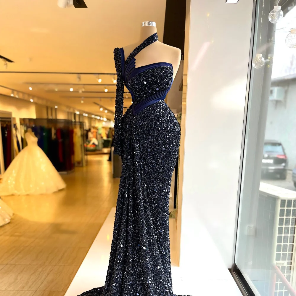 Black Sequined Evening Dresses Fashion One-Shoulder Pleat Mermaid Prom Gowns Elegant Formal Sweep Train Women Party Dresses