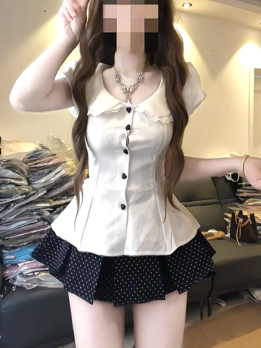 Sexy Retro Doll Collar Bubble Sleeve Shirt Top And Half Skirt Two Piece Set for Young Women Summer Fashion Outfit with High W...