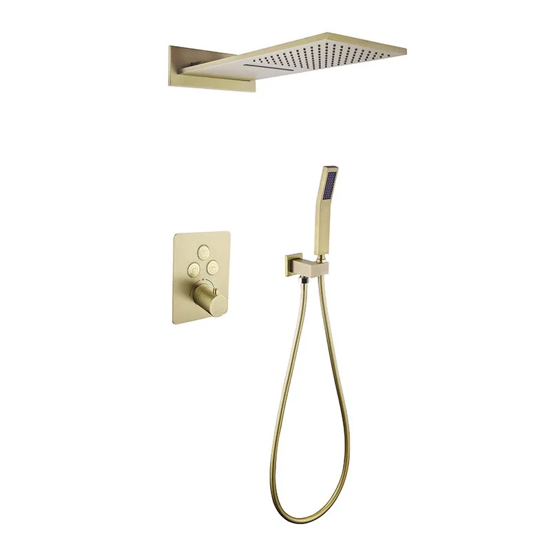 

Luxury bathroom brushed gold dark mounted Thermostatic three function button shower system