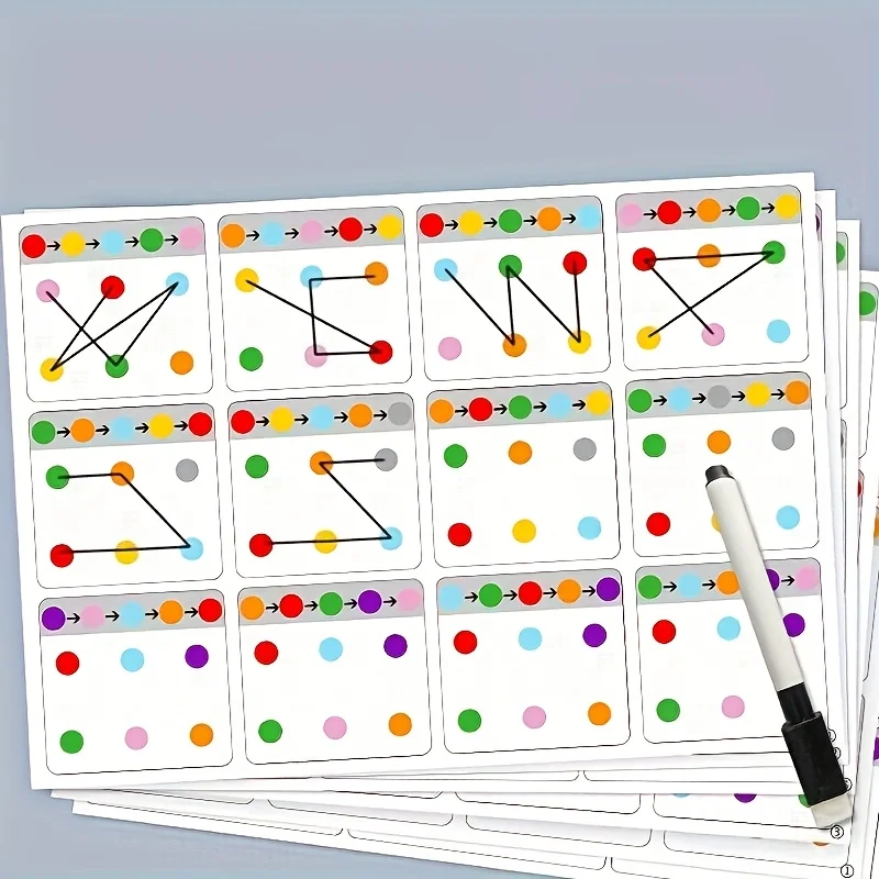 6-Sheet Erasable Pen Training Link Cards - Visual Tracking Focus & Attention Training, Color & Number Recognition