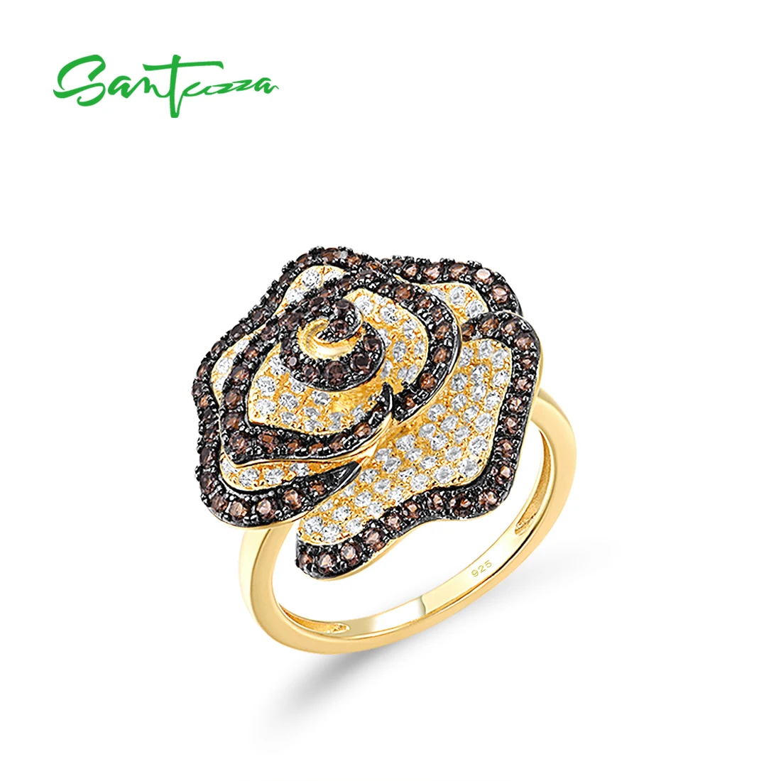SANTUZZA Authentic 925 Sterling Silver Ring For Women Sparkling White CZ Lovely Brown Flower Wedding Enagement Gift Fine Jewelry