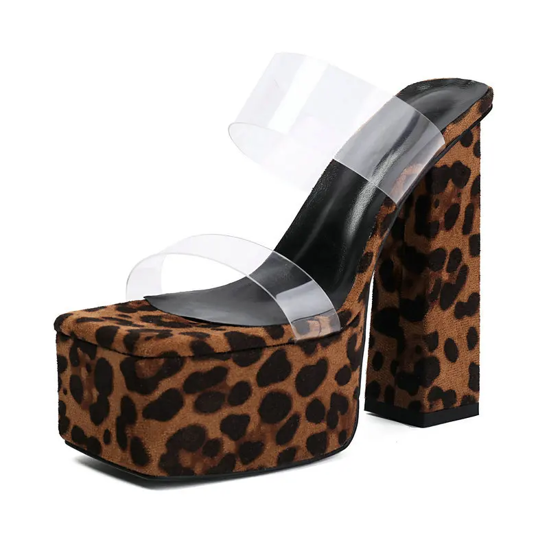 

PVC Clear Transparent Strap Open Toe Block High Heels Leopard Print Slides Summer Shoes Platform Silver Slippers Mules Sandals