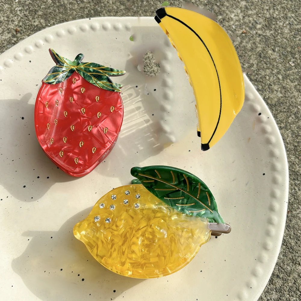 موضة خلات حجر الراين الفاكهة الليمون الموز الفراولة مشبك شعر مخلب للنساء جديد القرش دبوس الشعر إكسسوارات الشعر أداة الهدايا #4