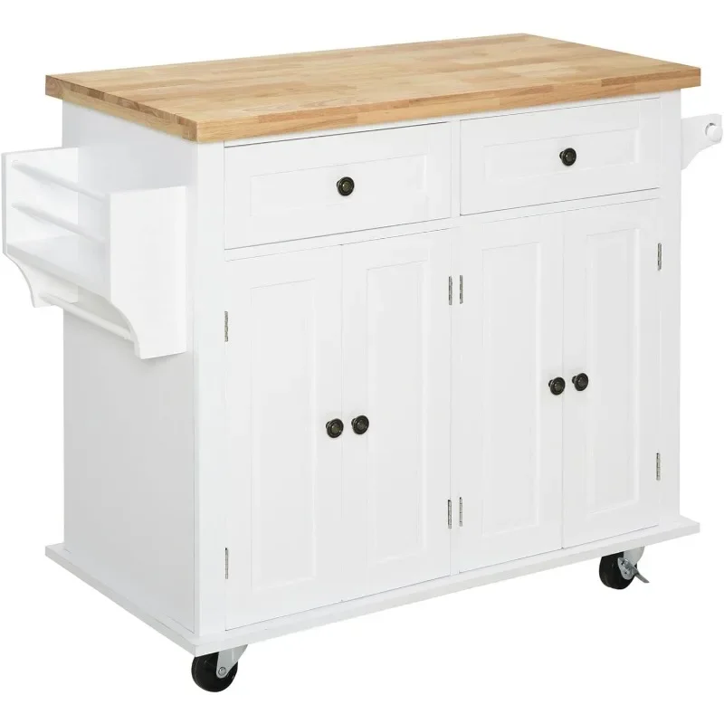 

Kitchen Island on Wheels, Rolling Cart with Rubberwood Top, Spice Rack, Towel Rack and Drawers for Dining Room