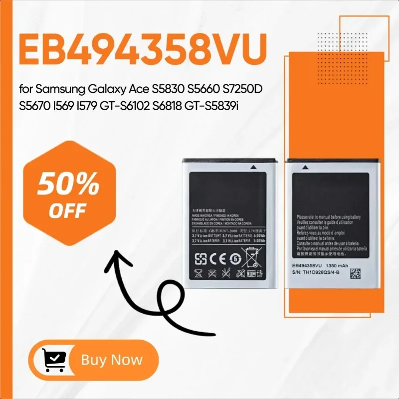 

Новый аккумулятор для телефона EB494358VU емкостью 1350 мАч для Samsung Galaxy Ace S5830 S5660 S7250D S5670 I569 I579 GT-S6102 S6818 GT-S5839i