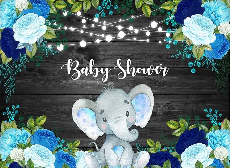 Cute Blue Elephant Backdrops Wooden Texture Wall with Blue Flowers Baby Shower Boys Baby Birthday Party Decoration Backdrops