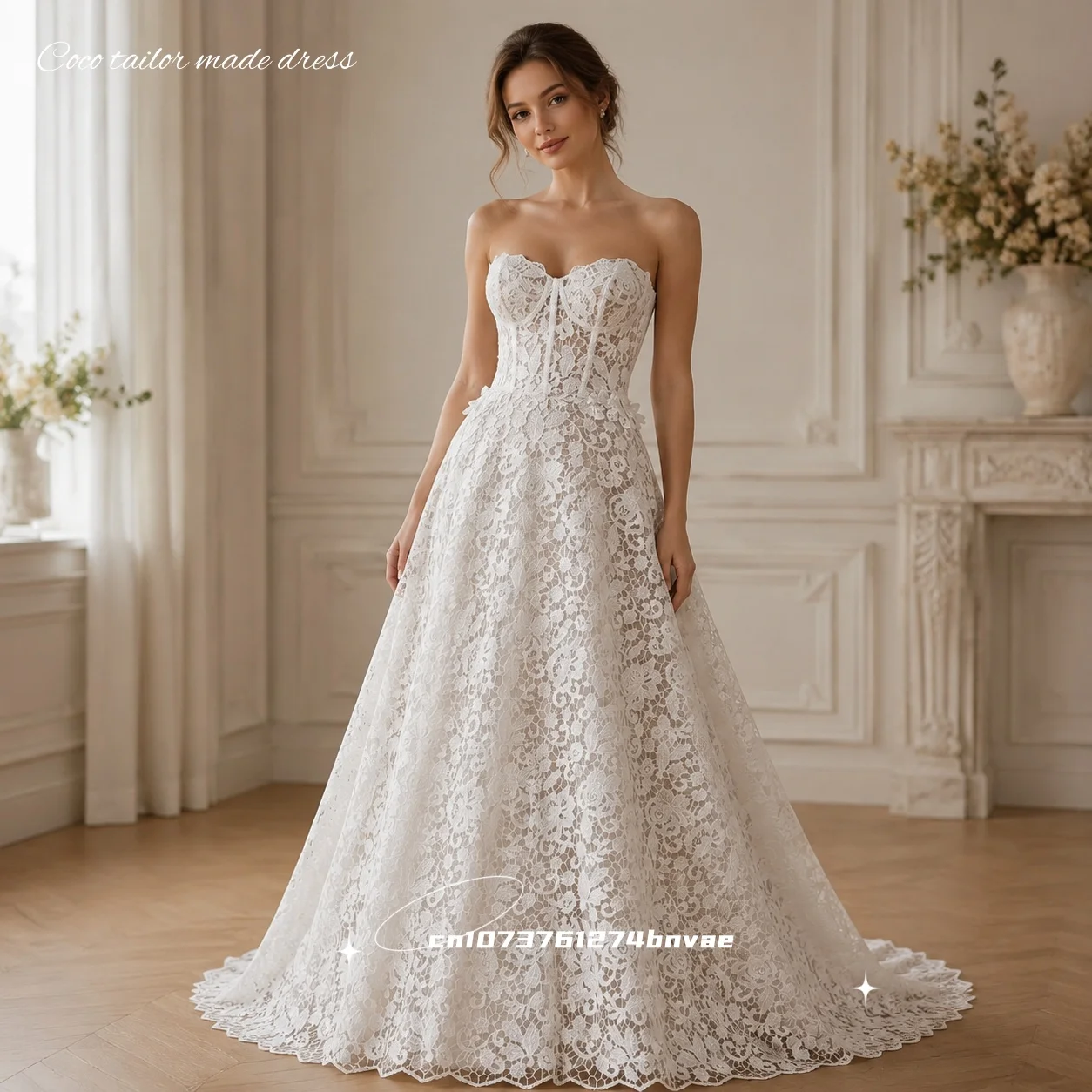 Vintage Strapless Lace Wedding Dress Sweetheart Neck Corset Boned Bodice Full Lace A-Line Chapel Train Bridal Gown Customized
