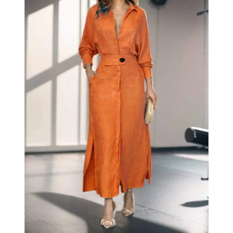 Spring Fall Elegant Women Dress Plus Size White Casual V Neck Lapel Long Sleeve Shirt Maxi Dresses Female Pocket Party Long Robe