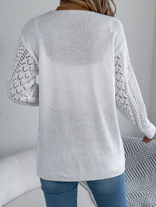 

Autumn and Winter 2025 Hollow Lantern Long Sleeved Cardigan Sweater Women Solid Color Temperament Elegant Hollow Knitted Jacket