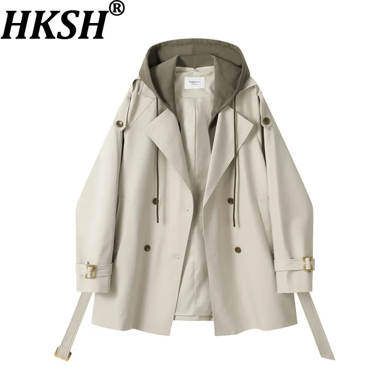 

HKSH Spring Autumn New Women Trench Coat Detachable Hooded Drawstring Double Breasted Korean Elegant Fashion Windbreaker HK13131