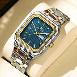 Square Men's Watch With Fashionable Luxurious Business Stainless Steel Strap Blue Gold Original Dual Calendar Quartz Men Watches