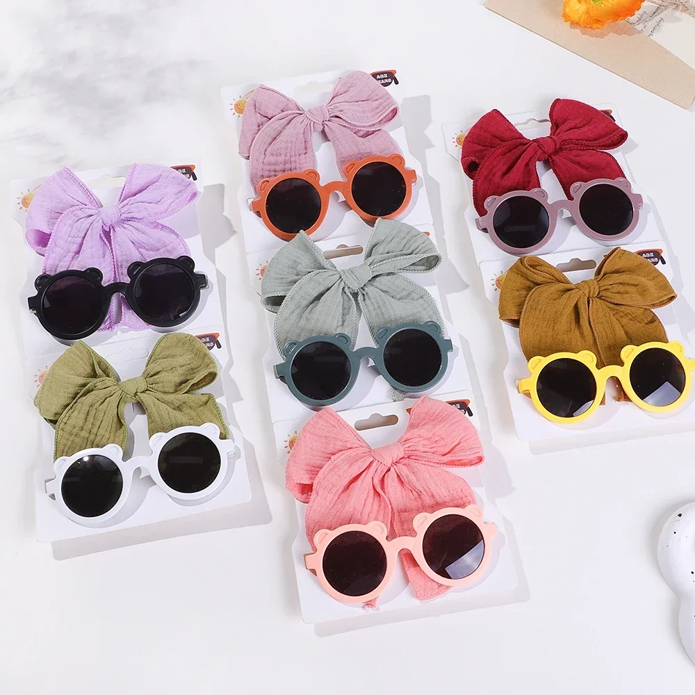 2Pcs/Card New Solid Color Cotton Bowknot Hairclips Bear Sunglasses Set for Baby Girls Hairgripes Kids Hair Glasses Accessories