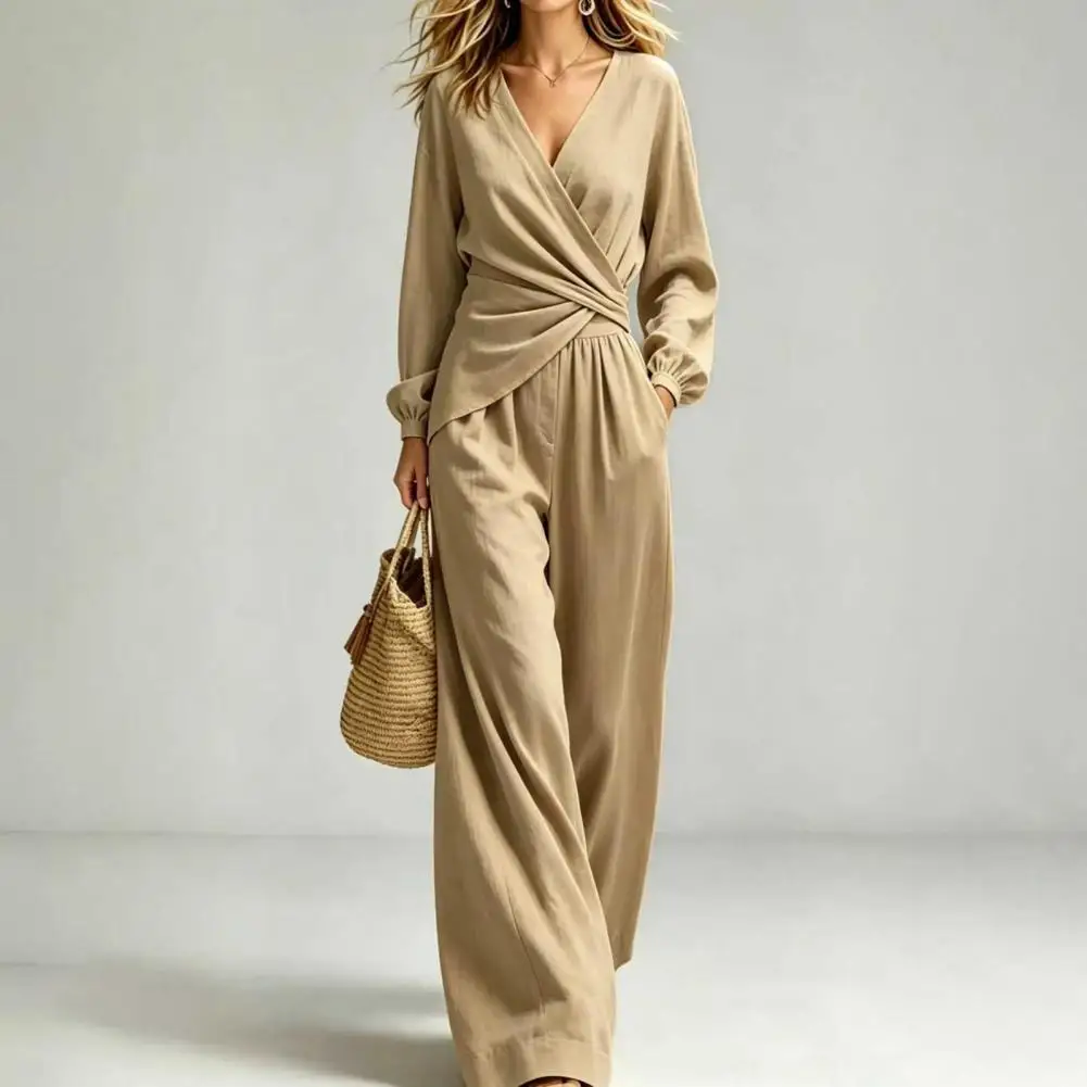 Women's Long Sleeve 2 Piece Sets, Irregular Hem V Neck Top And Wide Leg Pants Matching Sets, Casual Travel Vacation Outfits