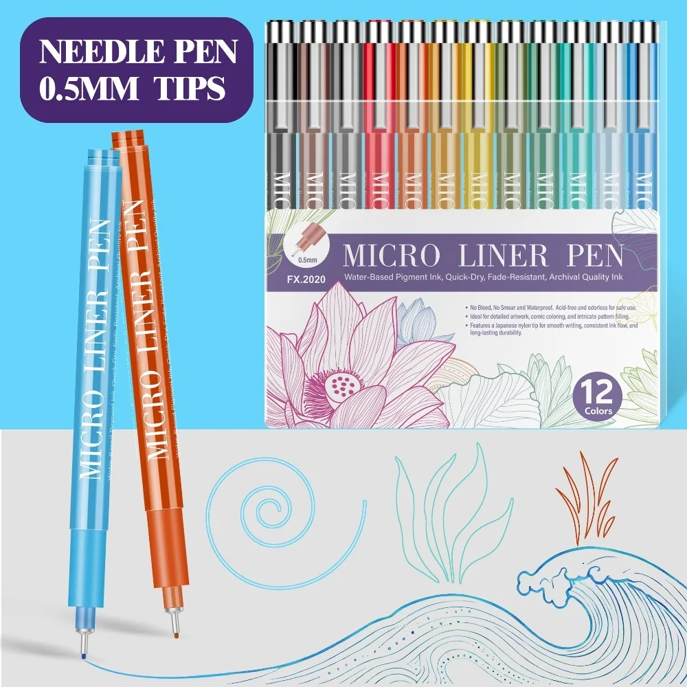 12 Colors Micro Liner Pen Needle Tip Quick‑Dry Fade‑Resistant No Bleed Colored Technical Drawing Pens for Sketching Journaling Anime Outline Comic Illustration Art Markers Stationery Supplies