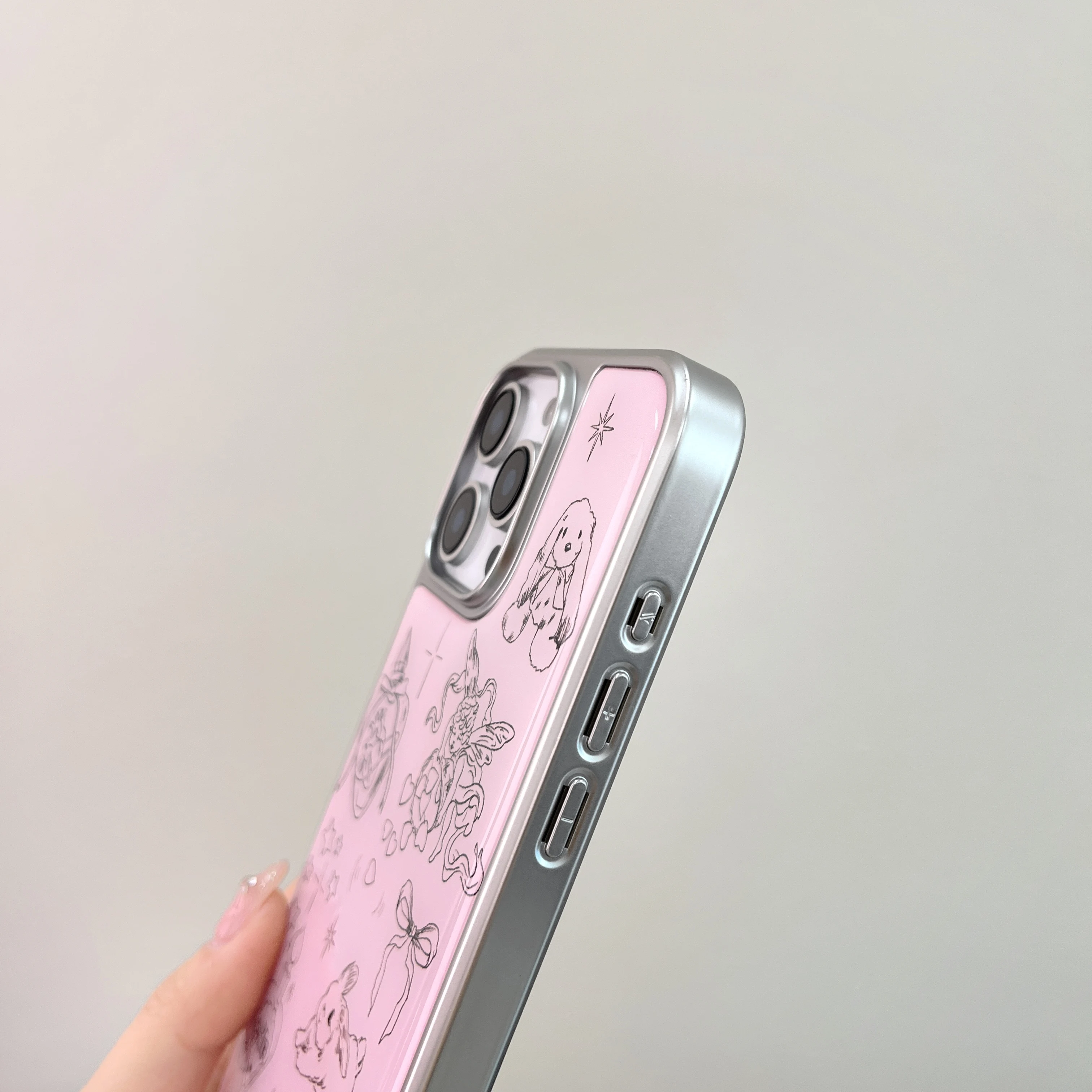 Ins Pink Angel Rabbit Cartoon Bow Love Heart Electroplated Edge Phone Case for iPhone 16 15 14 13 Pro Max 12 Back Cover Funda