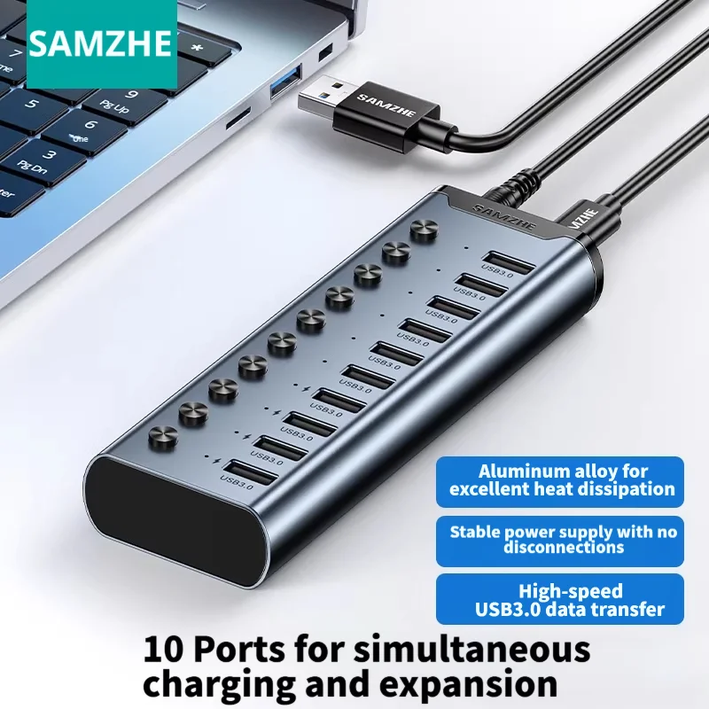 SAMZHE 7/10 Ports USB3.0 Hub 5Gbps High Speed Splitter with Individual Switches Aluminum USB Extender for Laptop PC Desktop