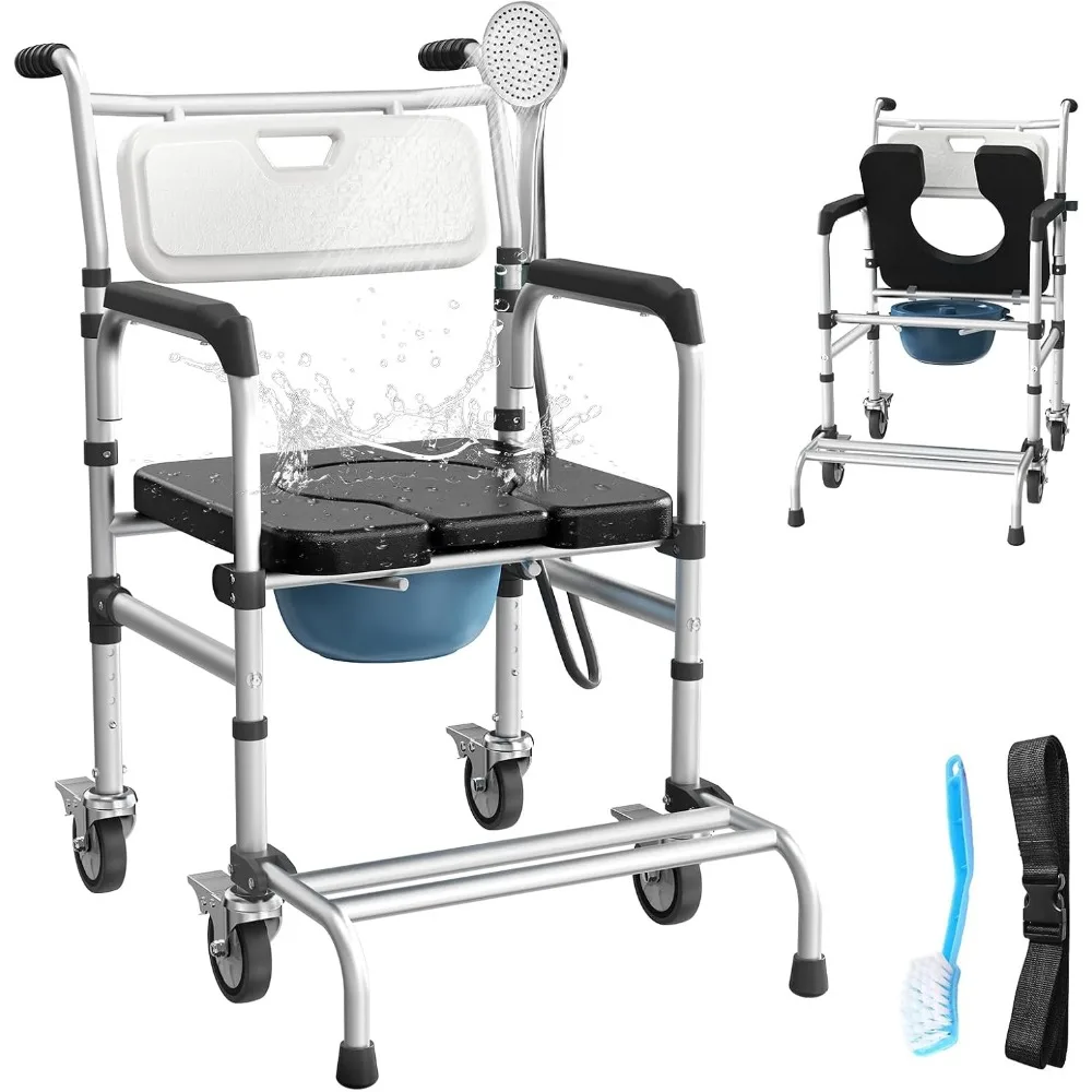 Health & Household 4 in 1 Rolling Bedside Commode Chair with Wheels for Elderly, Shower Chair with Handles