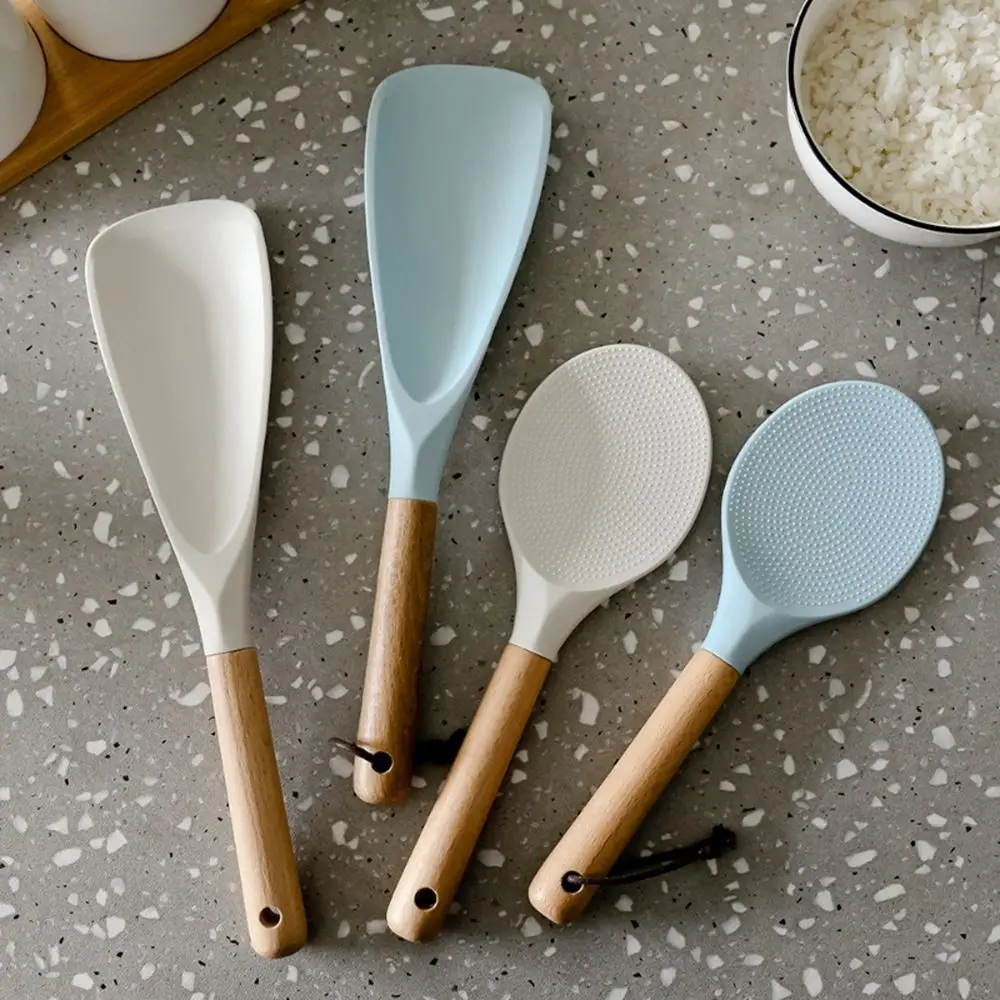 Eco-friendly Silicone Rice Spoon Wooden Handle Non-stick Rice Cooker Shovel Food Cooking Scoop Kitchen Accessories