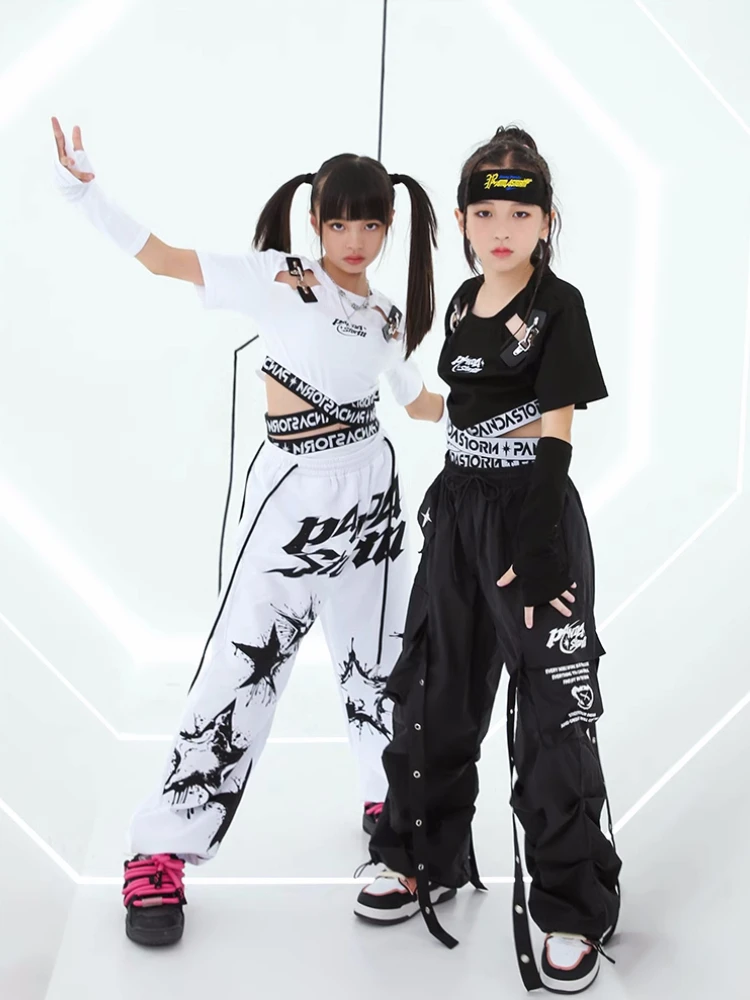 Costume de danse jazz pour filles, blanc, noir, pantalon court, mode Y, vêtements de performance hip-hop, tenue de danse de rue pour enfants, adolescents