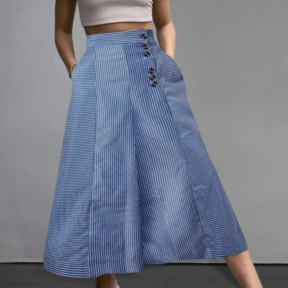 

Women Commuting Pants Striped Wide Leg Summer Pants for Women High Waist Trousers with Pockets Elastic Waistband for Everyday