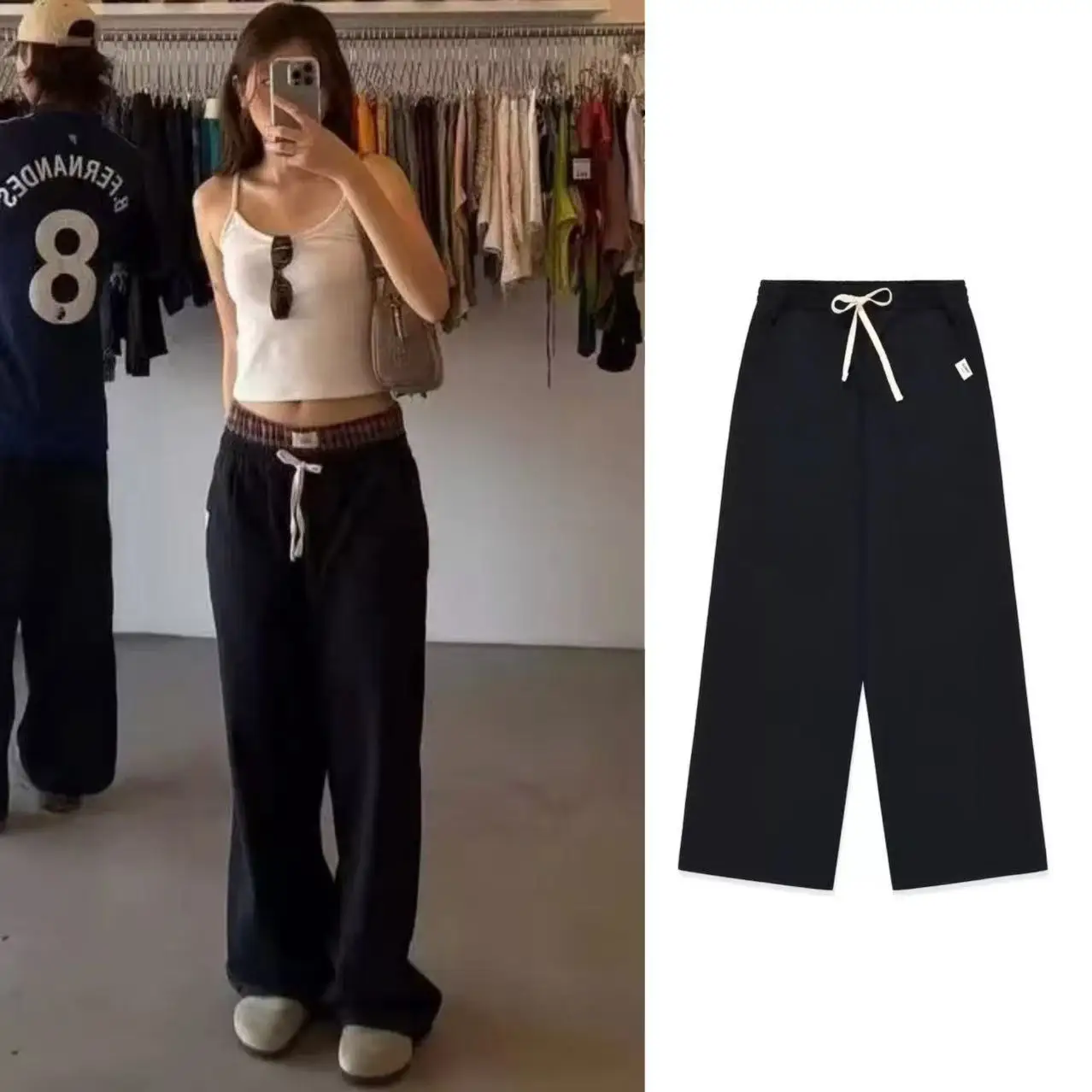 Slimming Effect Loose Straight Leg Casual Pants Elastic Waist Drawstring Women's Fashion Commute Style Long Trousers