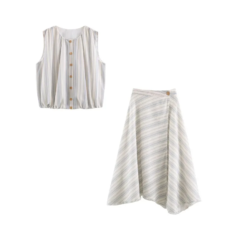 Dave&Di 2026 New Summer Striped Bubble Sleeve Shirt Skirt Set Skirt Woman Clothing Faldas Skirts