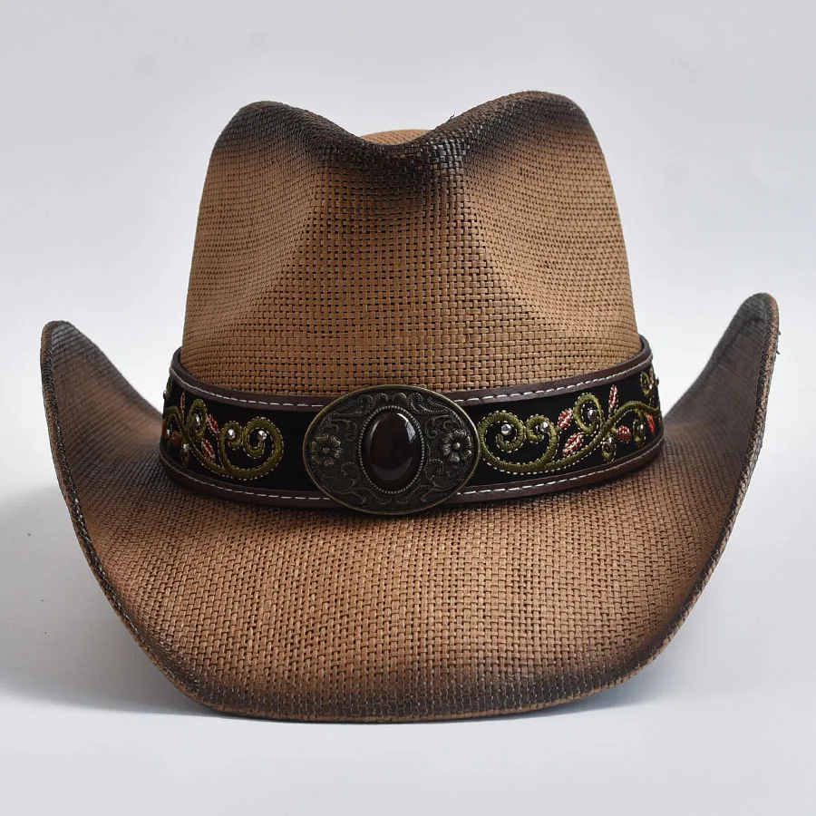 Vintage Curled Edge Cowgirl Jazz Hat Western Style Straw Hats for Men Women Summer Beach Sun Hat Sombrero Hombre