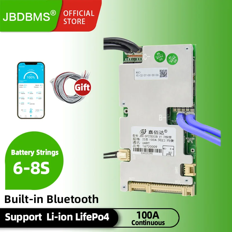 jbd smart bms 6s 7s 8s 100a peak 300a 24v support Li-ion LifePo4 Built-in Bluetooth UART port with balancing function With NTC