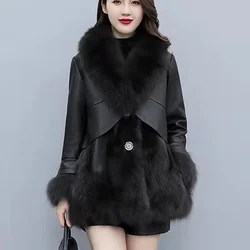 2024 Women Mid-Long Style Faux Fur Jacket Winter Female Pu Leather Splicing Fur Outwear Ladies Long Sleeve Thicken Warm Fur Coat