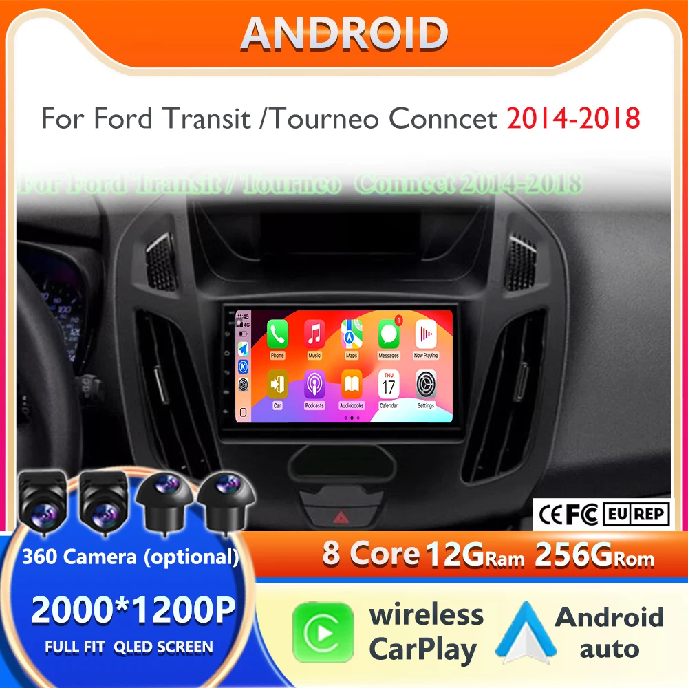 Carplay Android Auto 2K QLED Head Unit Touch ScreenFor Ford Transit /Tourneo Conncet 2014-2018 Android 16 Car Multimedia Player