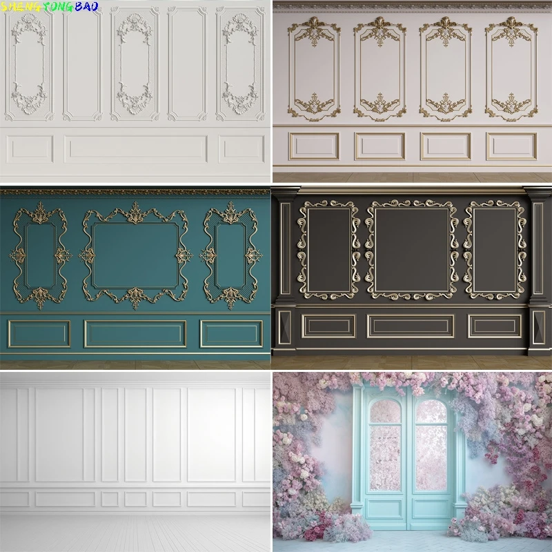 

Luxury Classic Interior Wall With Mouldings Photography Backdrops European Vintage Wood Wedding Photo Studio Background DX-03