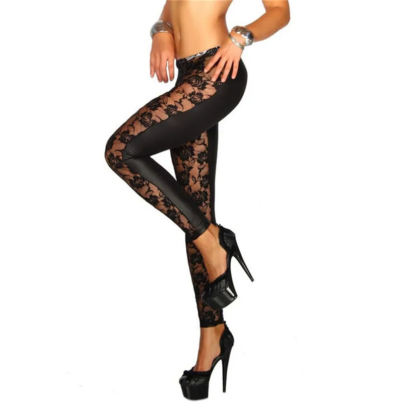 New Womens Sweet Black Rose Vine Sheer Stretchy Floral Lace Leggings Tight Pencil Pants