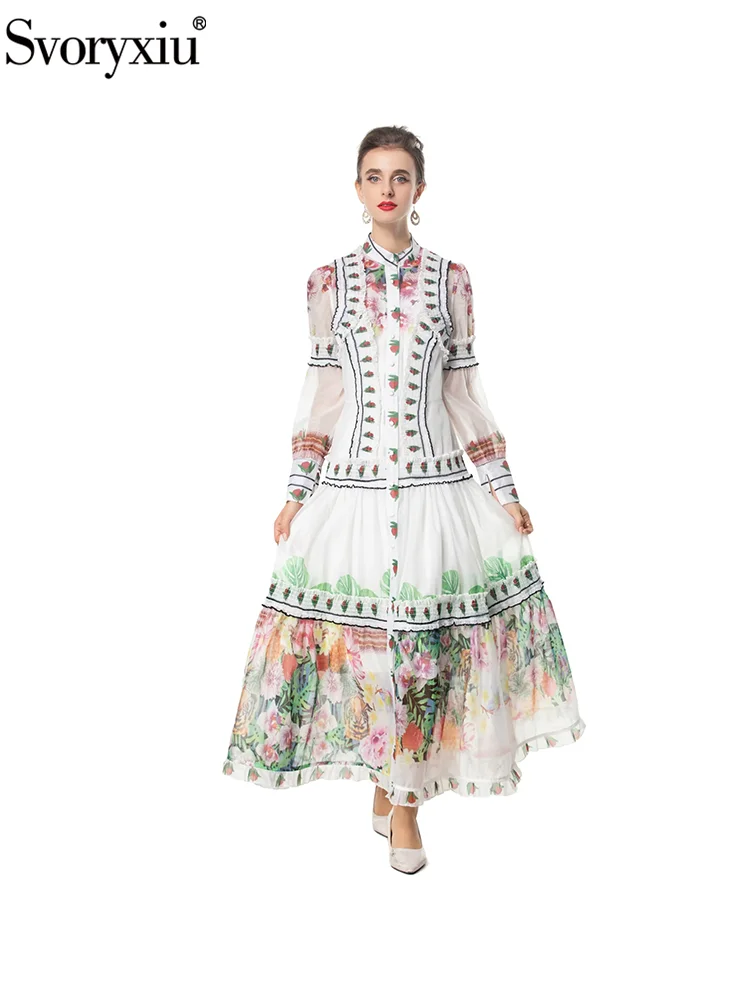 

Svoryxiu Fashion Runway Autumn Floral Print Floor-Length Dress Women's Stand Collar Lantern Sleeve Belt Slim A-Line Dress