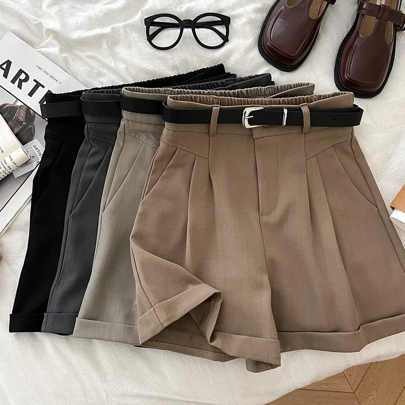 

Women Casual High Waist A-line Shorts With Belted Office Suit Shorts Chic Pleated Vintage Female Solid Straight Trousers Summer