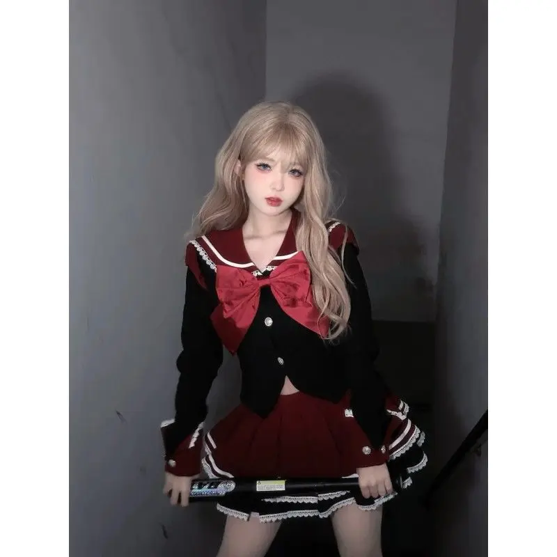 Japan JK Gothic Sailor Collar Long Sleeve Women Slim Fit Shirts+ High Waist Ruched A-line Skirts Summer New 2 Piece Sets