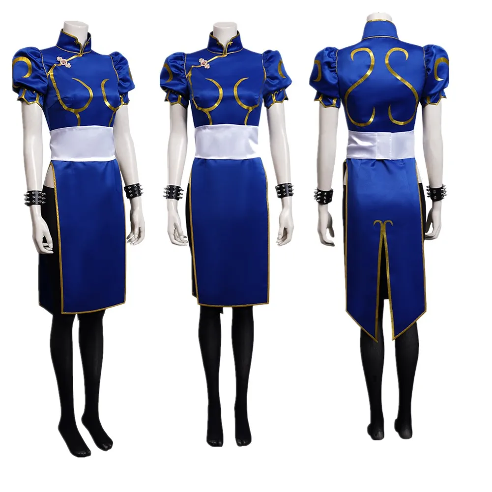 Vrouwelijke Chun Li Cosplay Kostuum Jurk Spel Sf Rollenspel Blauwe Rokken Outfit Vrouwen Volledige Set Halloween Feest Vermomming Pak