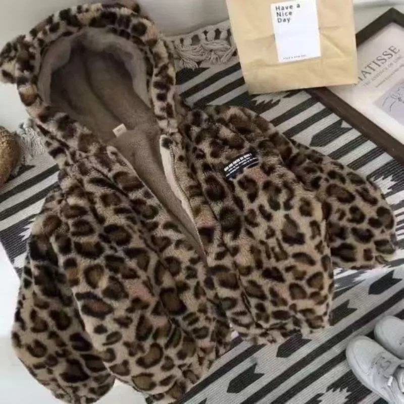 

Kids Autumn Winter Leopard Coat 2025 New Korean Fashion Casual Daily Boys Girls Thicken Fleece-lined Hooded Coat 80-130CM