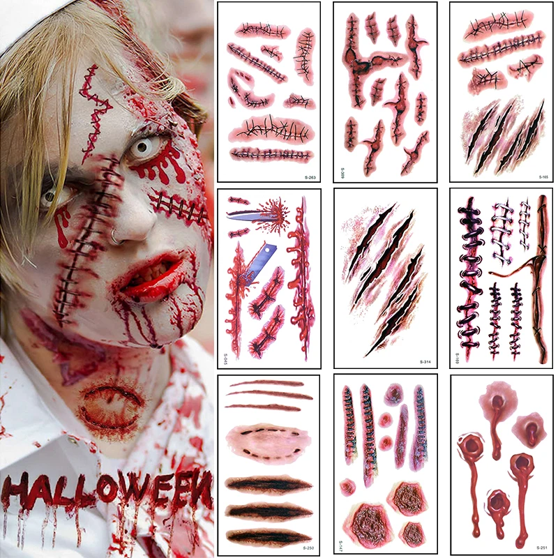 10pcs Halloween Tattoo Sticker Horror Bloody Wound Zombie Scar Waterproof Temporary Tattoos DIY Party Body Art Makeup Kids Adult image 2