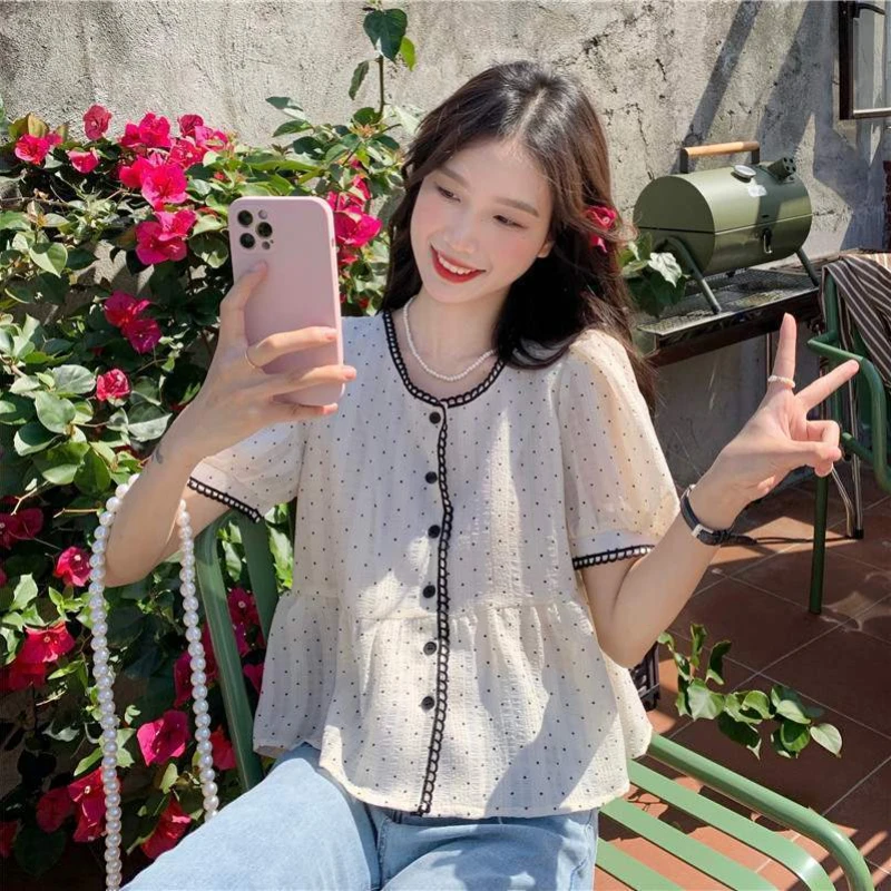 Shirts Women Sweet College Retro French Style Ulzzang Kawaii Ins All-match Летние Рубашка Женская Tender Daily Basic Design Soft