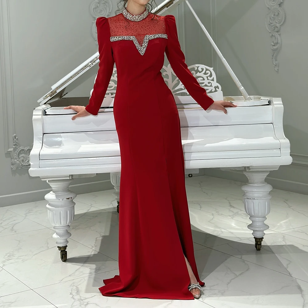 

Customized A-line Evening Dresses Floor-length High-neck Full Sleeve Prom Gown Fashion Crystal Draped Side-split Party Gown