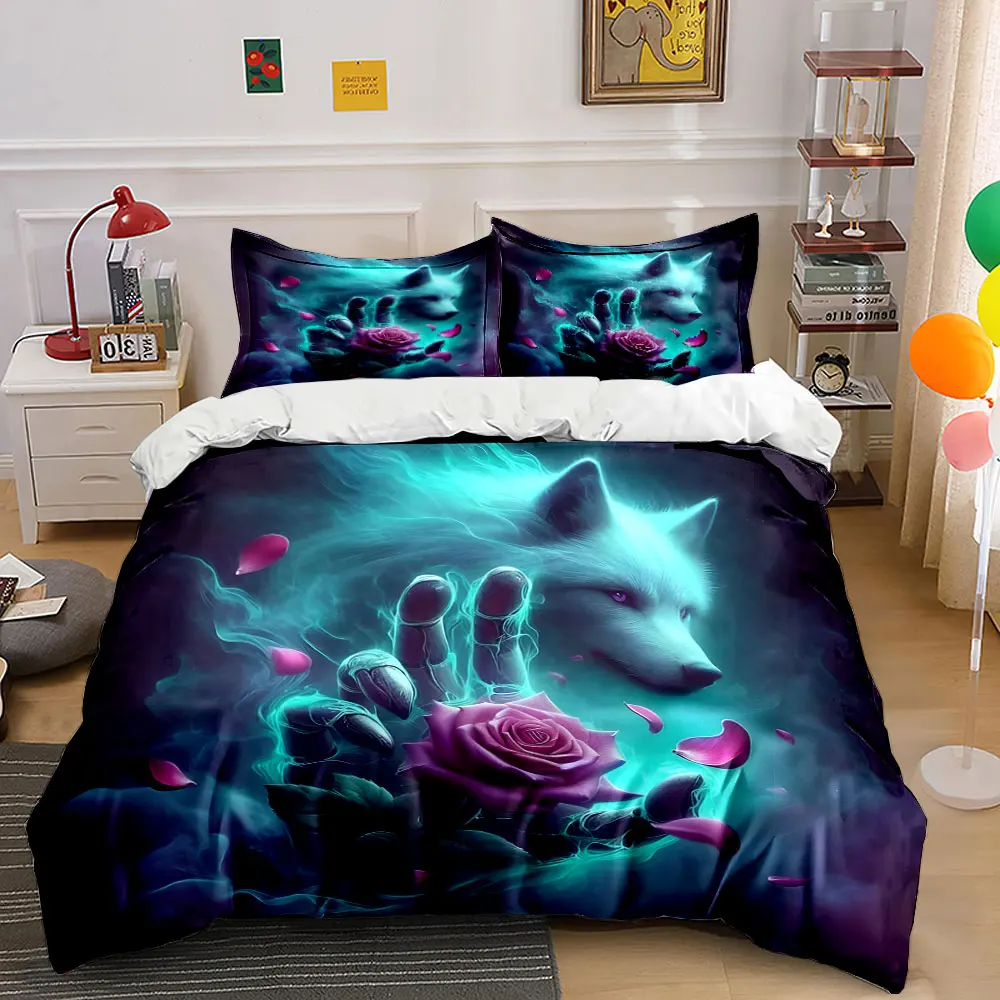 Dreamy Wolf Art Creative Quilt Cover Print Bedding Set 1 Duvet Cover 2 Pillowcases for Adult and Children Luxury Gift Full Size