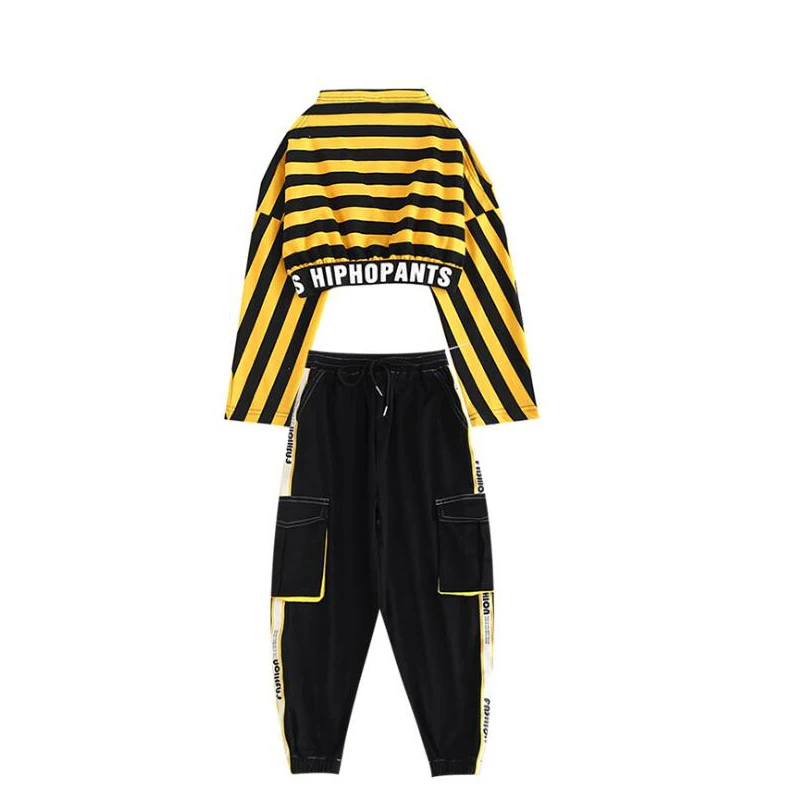 Tactical Cargo Pants For Girls Jazz Dance Costume  Clothes street Wear Kids Performance Hip Hop dance Outfits stripe Sweatshirt