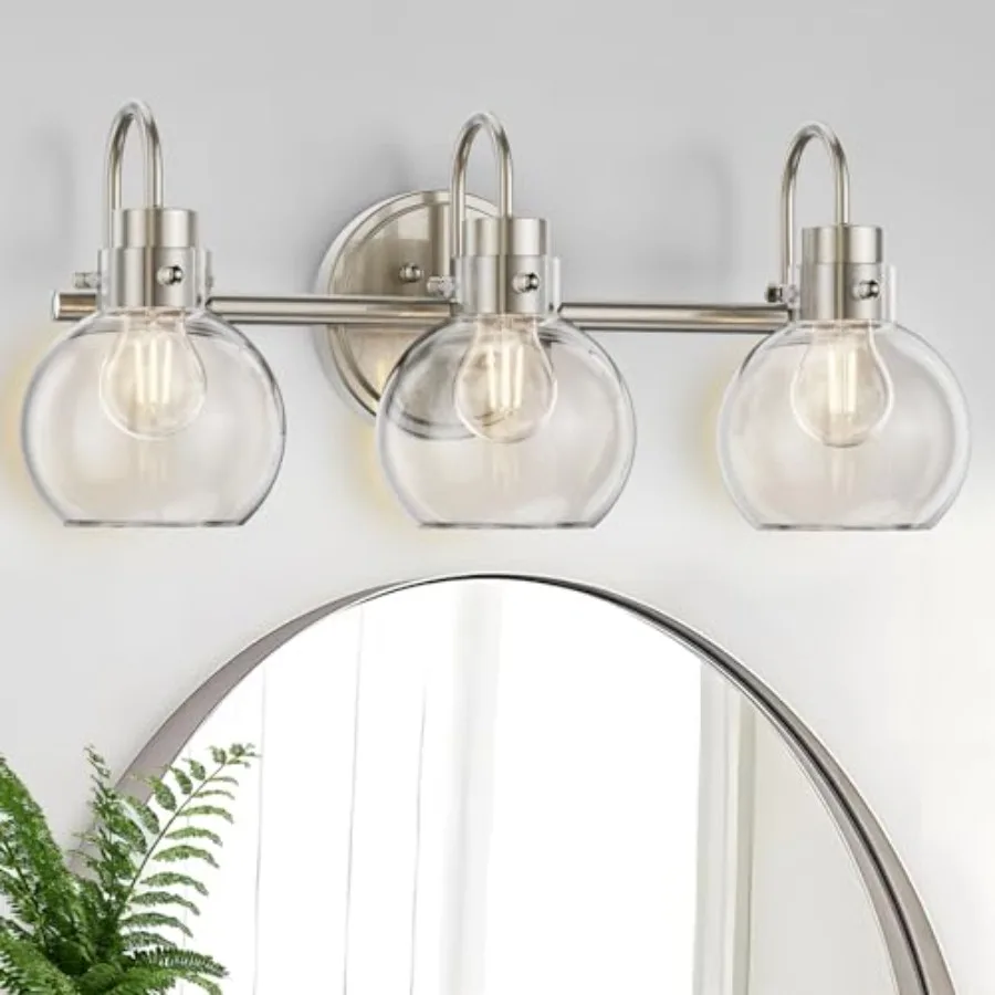 

3 Lights Vanity Light Brushed Nickel Bathroom Light Fixtures Farmhouse Wall Sconces with Globe Clear Glass Shade Porch Wall Mou