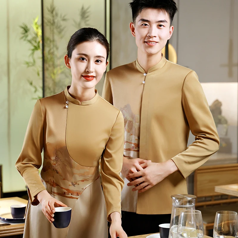 

High-end Restaurant Waiter Work Top and Pants Set Chinese Teahouse Front Desk Staff Long Blouse Overalls Logo Emboirder Uniform