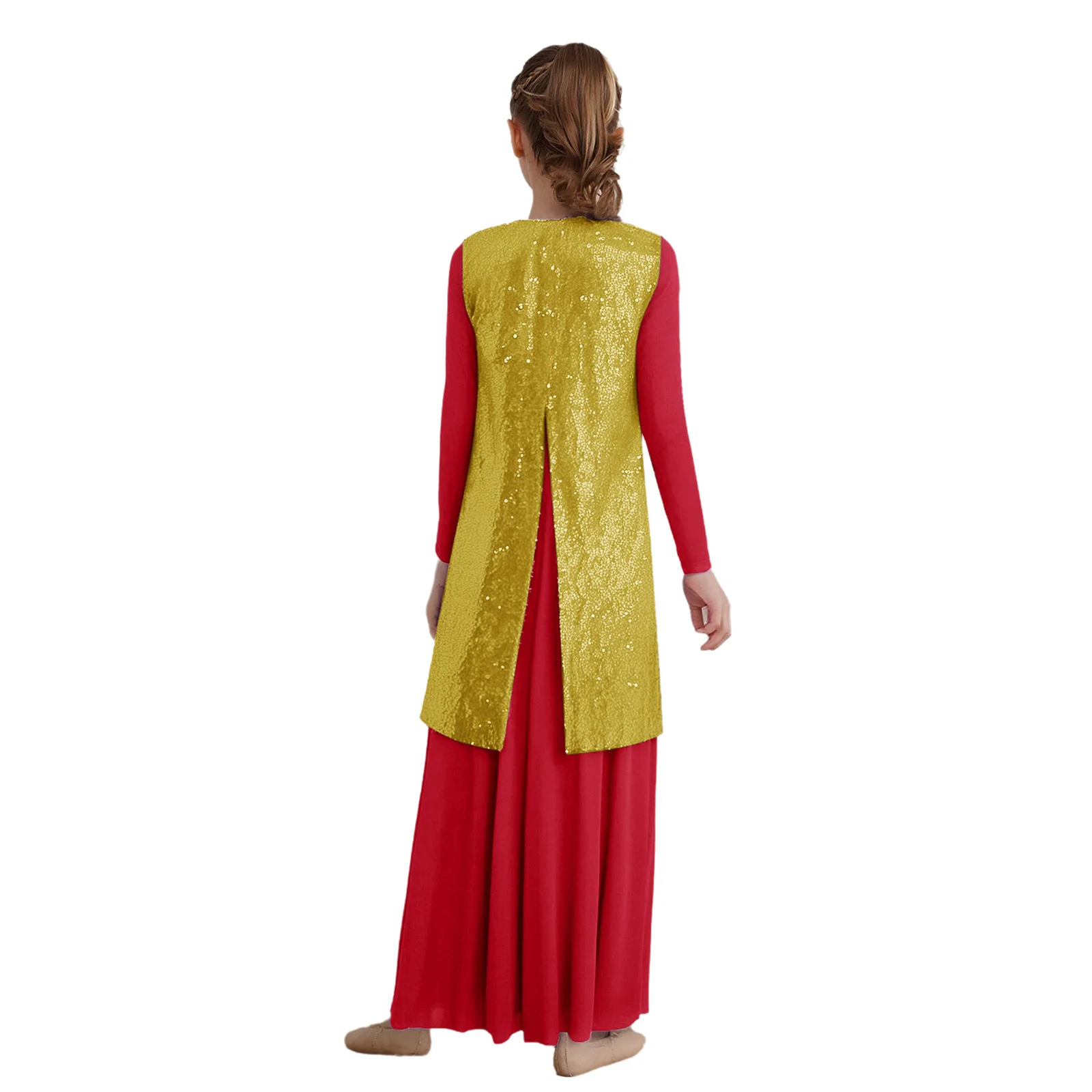 الفتيات الثناء الحديثة الرقص الزي مفتوحة الجبهة الذاتي التعادل أكمام سبليت لامعة الترتر تونك مع فستان ماكسي رداء الرقص الغنائي